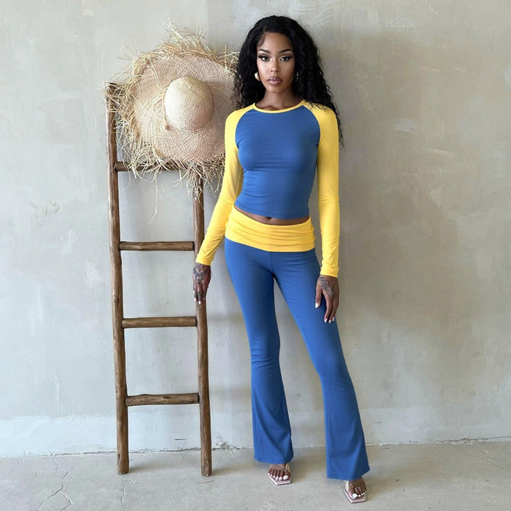 Zara Color Block Raglan Long Sleeve Top and Cuffed Flared Pants 2-Piece Set